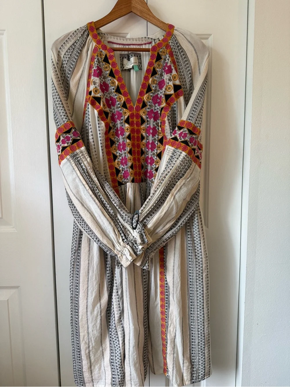 Anthropologie Cream Midi Dress with Pink & Orange Embroidery - Picture 3 of 13